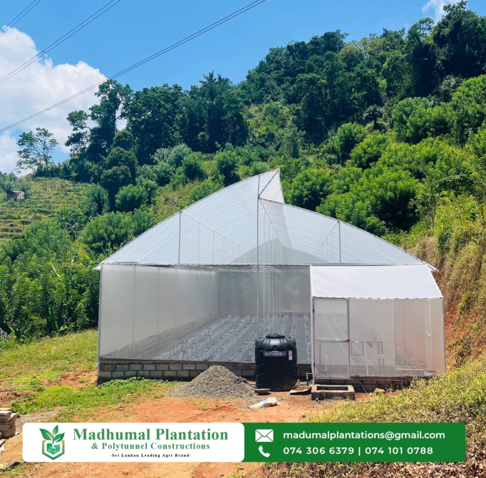 Completed polytunnel on a hillside with mountain backdrop